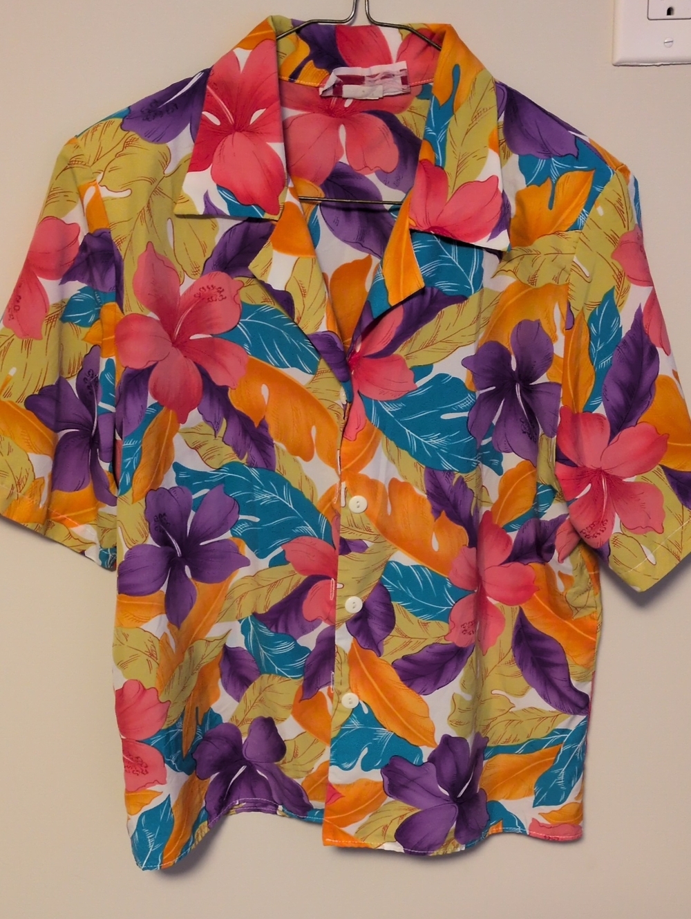 Vibrant Floral Short-Sleeve Button Front Top - Pink, Purple, Orange